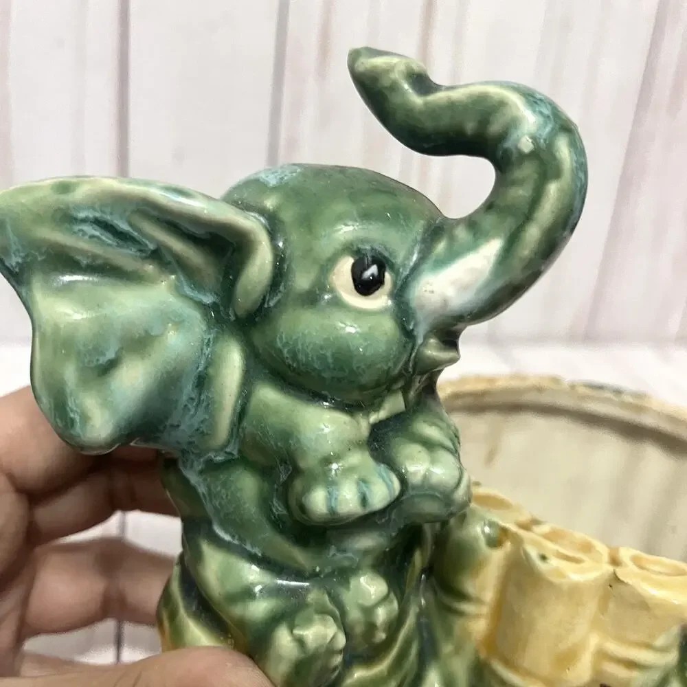 Vintage Ceramic Elephant Planter Green Glaze Bamboo Jungle MCM Kitsch 6”